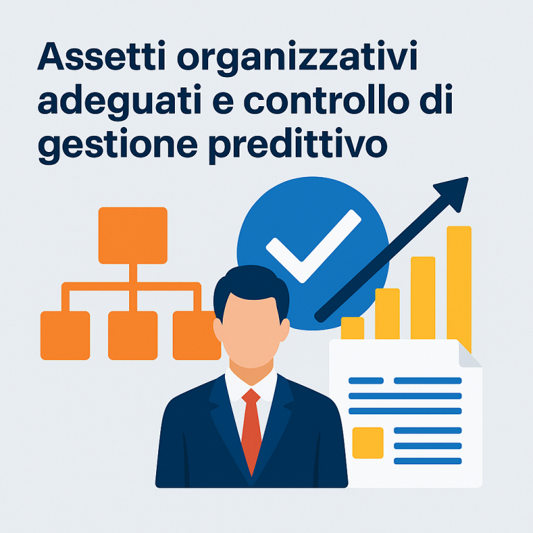 Illustrazione professionale con elementi di governance aziendale, dashboard e KPI che rappresentano gli adeguati assetti organizzativi richiesti dall’art. 2086.