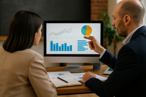 Team di manager che analizza grafici, KPI e dashboard su tavolo di lavoro, rappresentazione realistica di una Balanced Scorecard per PMI.
