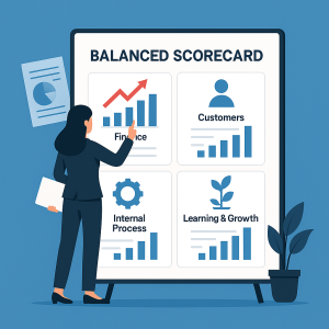 Workspace realistico con laptop che mostra una Balanced Scorecard per PMI, con grafici, KPI e indicatori strategici.