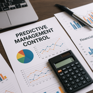 Scrivania con grafici, documenti finanziari e dashboard su tablet usati per il controllo di gestione predittivo e l’analisi dei KPI aziendali.