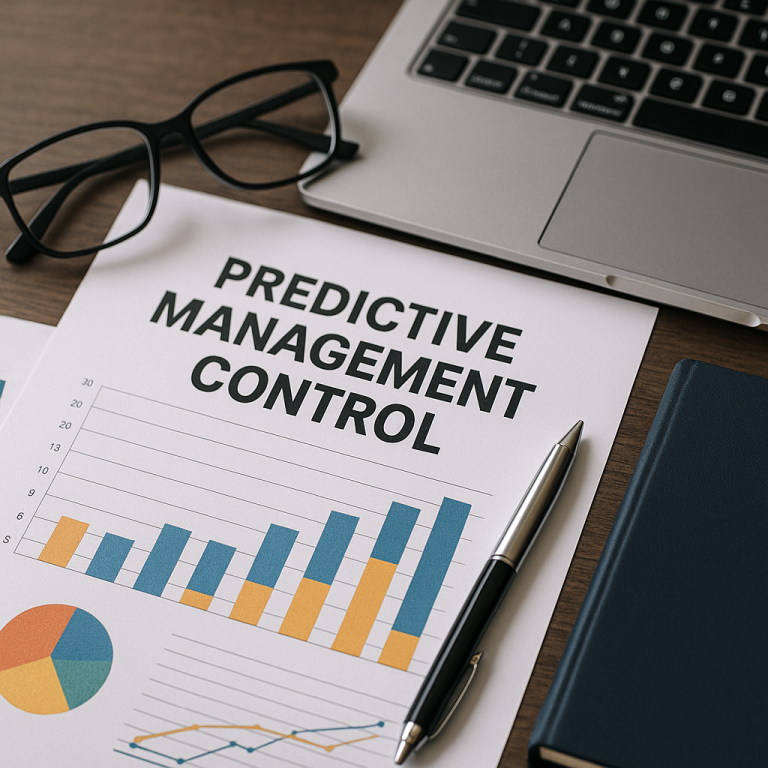 Scrivania con laptop, grafici e documenti strategici utilizzati per il controllo di gestione predittivo e l’analisi dei KPI aziendali.