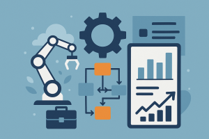 Illustrazione di dashboard digitali, grafici, automazioni e icone cloud, simbolo della digitalizzazione dei processi aziendali.