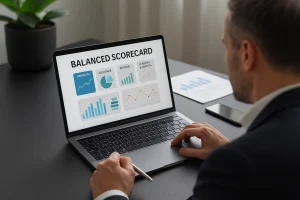 Immagine realistica di una professionista che analizza una Balanced Scorecard su laptop, rappresentazione visiva per PMI che utilizzano KPI strategici.