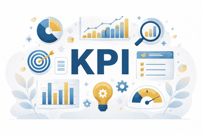 Illustrazione flat con la scritta KPI al centro, circondata da grafici, statistiche e infografiche che rappresentano il monitoraggio delle performance aziendali e degli indicatori chiave.