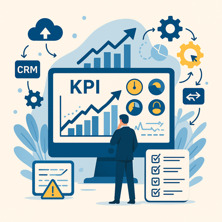Illustrazione flat di un CEO che analizza una dashboard direzionale con KPI operativi e predittivi, grafici di performance, integrazioni ERP e CRM, simboli di workflow e controllo dei processi aziendali.