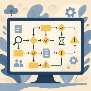 Illustrazione flat di una mappa dei processi aziendali mostrata su una board digitale, con flussi, simboli di analisi, colli di bottiglia, warning e check, rappresentata in palette blu, azzurro e giallo.