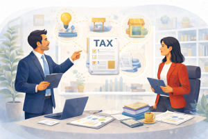 “Illustrazione flat di un consulente e una CEO che analizzano un piano fiscale con la scritta TAX su una lavagna, circondati da documenti, grafici e simboli di ottimizzazione fiscale aziendale.”