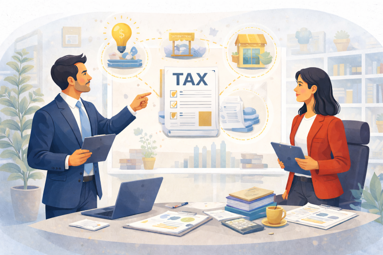 “Illustrazione flat di un consulente e una CEO che analizzano un piano fiscale con la scritta TAX su una lavagna, circondati da documenti, grafici e simboli di ottimizzazione fiscale aziendale.”