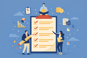 Illustrazione flat di una checklist finanziaria con professionisti che analizzano attività fiscali, circondati da icone di grafici, tasse e denaro.