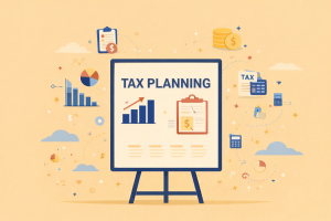 Illustrazione flat di una lavagna con tax planning, grafici finanziari e icone di tasse e denaro per rappresentare la pianificazione fiscale aziendale