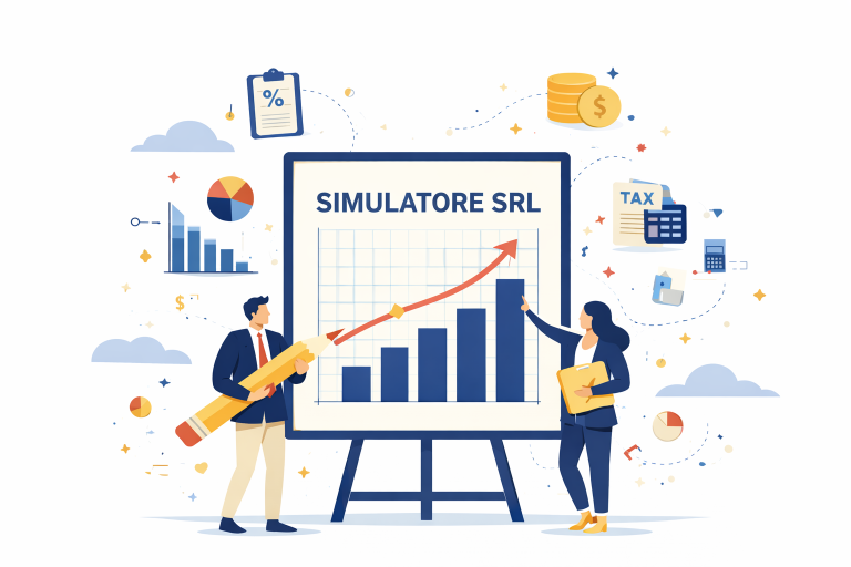 Illustrazione flat di un simulatore SRL con grafico di crescita su lavagna, utilizzato per pianificare strategicamente ricavi, costi e tasse aziendali.